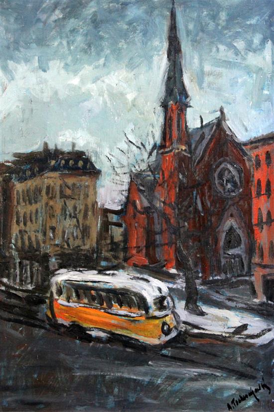 Alex Tschernjawski (American, b.1933) Street scene with trolley bus, 26 x 18in.